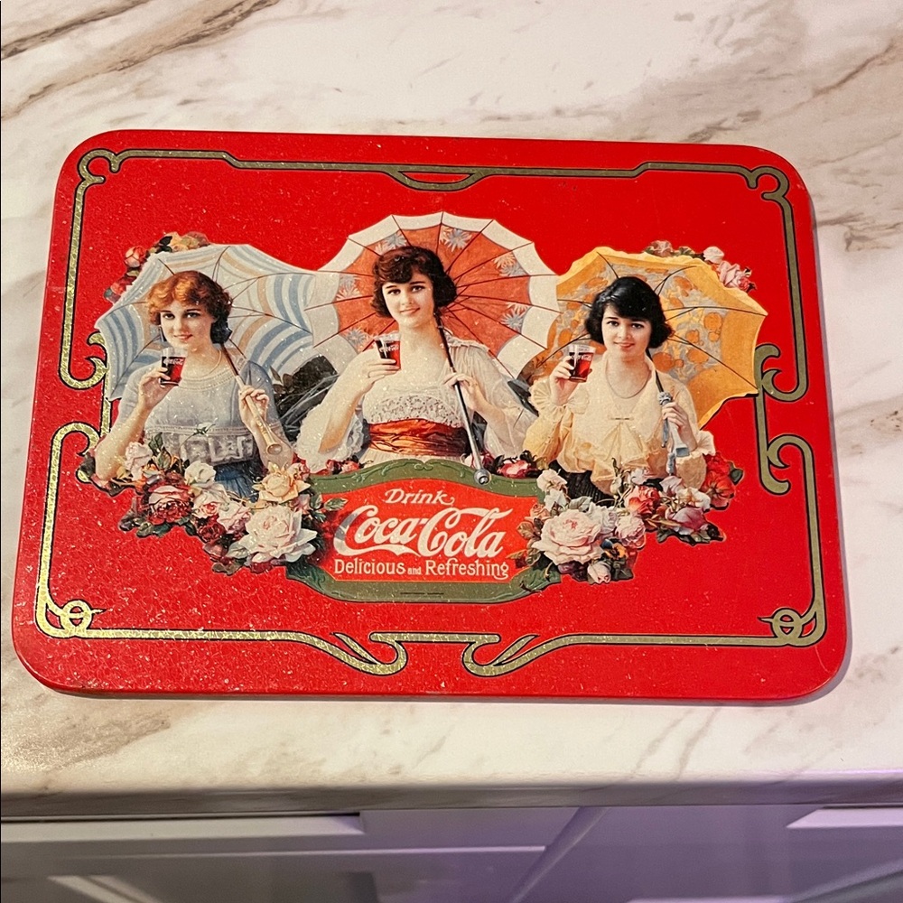 Coca-Cola Red Tin Sign with 3 Ladies holding parasols